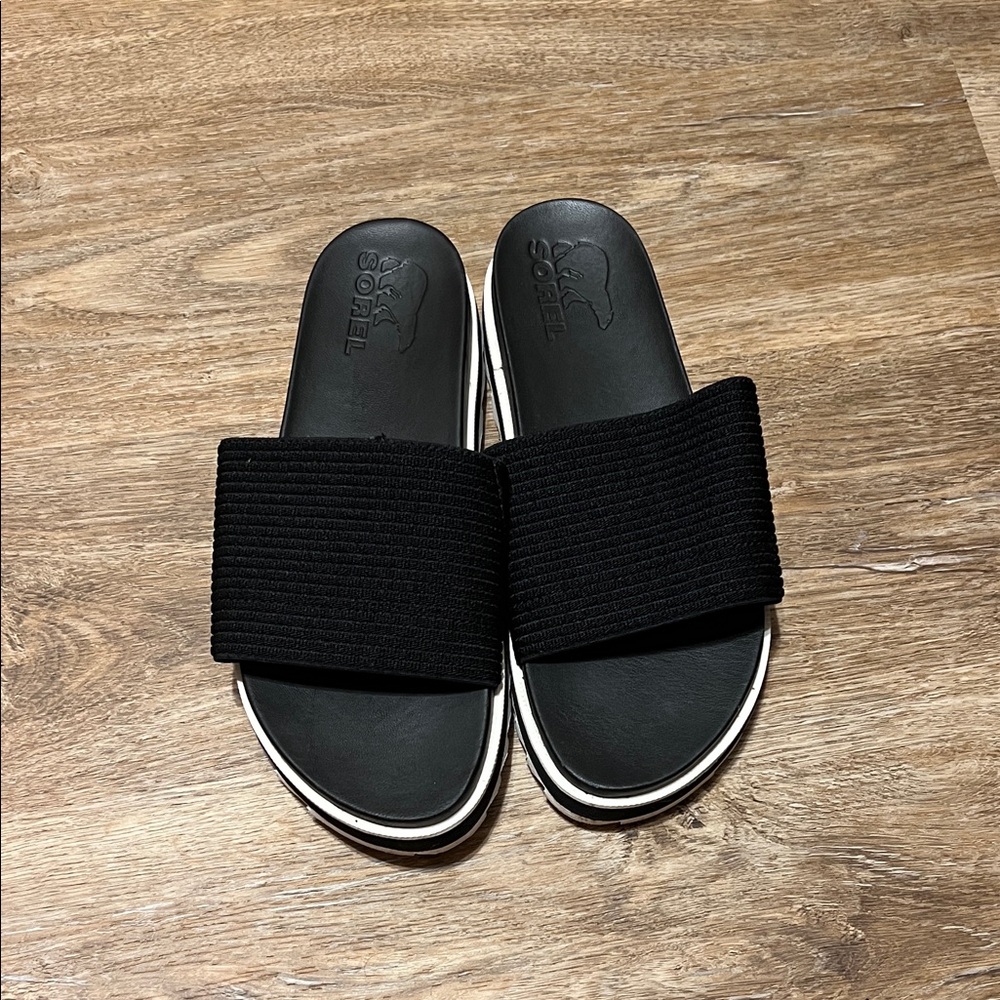 Sorel Black and Sea Salt Easy Slide Roaming Sandals